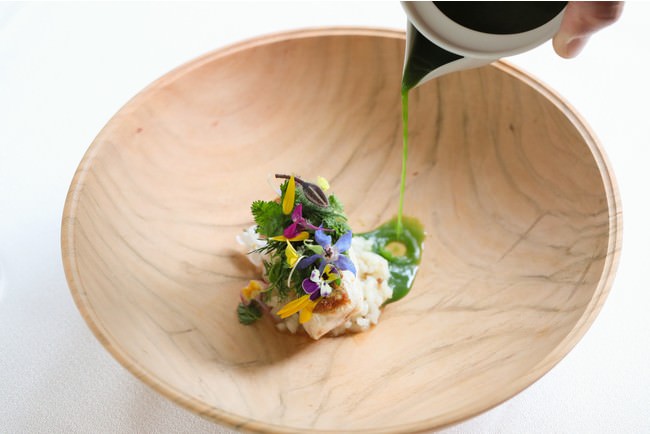 厚木椎茸のベニエと有機栽培米のリゾット　モロヘイヤと潮のエッセンス