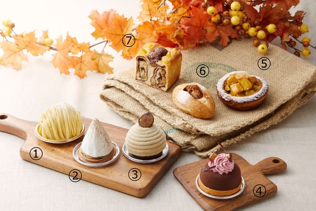 ①モンブランクラシック、②モンテビアンコ、③モンブラン　　④マロンカシス、⑤サツマイモのクイニーアマン、⑥漬け込みイチジクとクリームチーズのカンパーニュ、⑦栗のロールブレッド