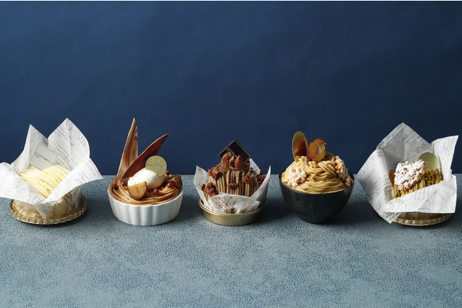 写真左から：フロマージュブランとりんごのモンブラン、バニラクリーム クランブル マロンクリーム、ほうじ茶のスフレチーズ モンブランスタイル、スペシャル モンブラン、モンブラン ピスタチオ