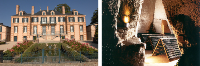 （左）テタンジェ家発祥の地マルケットリ―城　　（右）シャンパンが眠る地下セラー