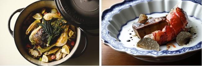 （写真左）「KYOTO BISTRO」フェスティブコースでの一品、チキンココット （写真右）シグネチャーダイニング「八坂」魚料理ーオマールブルーとフォアグラ、トリュフとバルサミコ
