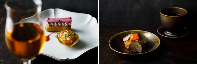 （写真左）一皿目、燻製した北海道産帆立貝と京都産の蕪にイクラを使った一品 （写真右）近江牛100%のメンチカツに卵黄のコンフィと黒トリュフを添えた一品