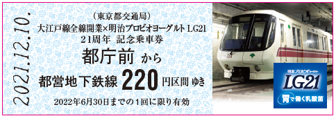 大江戸線全線開業×明治プロビオヨーグルトLG21　21周年 記念乗車券のデザイン