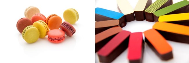 （写真左）「サダハル・アオキ・パリ」の看板商品である マカロン、（写真右）素材と製法によって様々なチョコレートを巧みに使い分け、ダイナミックでビビッドな世界を展開