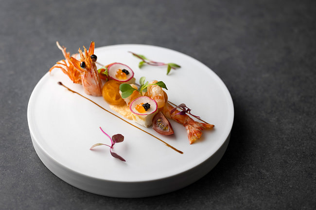 車海老の昆布〆と金柑のピクルス