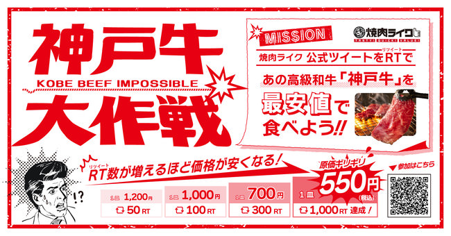 焼肉ライク初登場の高級和牛「神戸牛」をみんなの力でお値打ち価格に！リツイート数が増えるほど価格が安くなるキャンペーンを全店舗で開催！