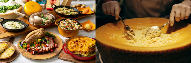 （左）温製料理は昨年人気だった6種のチーズを使ったキッシュや苺のソースを添えたローストポークなどが並ぶ、（右）チーズケースで仕上げた　焼きリゾット（ランチ）