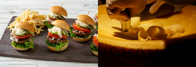 （左）ミニハンバーガーは目の前でチーズをかけて提供、（右）ラスパドゥーラしたふわふわのチーズ