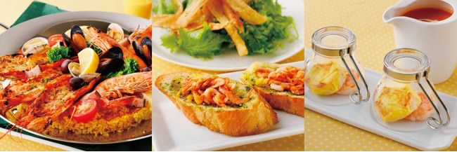 （左から）赤海老のパエリア、桜海老・抹茶の柚子風味トースト、海老つみれのおやき