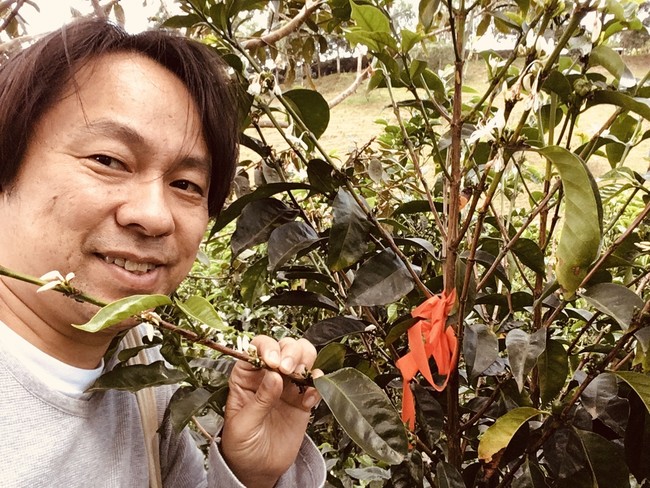 コロンビアでパナマゲイシャを栽培するサザコーヒー 鈴木太郎 (52) 。パナマの品評会でおいしい農園のコーヒー豆をより環境が良いと考えてコロンビアで栽培を試みている。自分で植えたゲイシャ品種で実際においしかった樹にオレンジ色の印をつけて記念撮影
