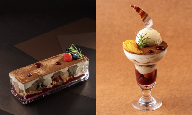 左）長方形の容器が目にも楽しい日比谷 林屋新兵衛 限定パフェ。 右）京はやしや 新宿、池袋、大宮、横浜の各店で提供する2月限定パフェ