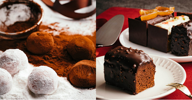 【左】トリュフ シャンパーニュ 6個入りセット シャンパン トリュフ ホワイト ストロベリー／ シャンパン トリュフ ビター 1,600 円[税込] 【右】ケーク・オ・ショコラ 3個入り ルージュ／オランジュ／ピスターシュ 1,400 円[税込]