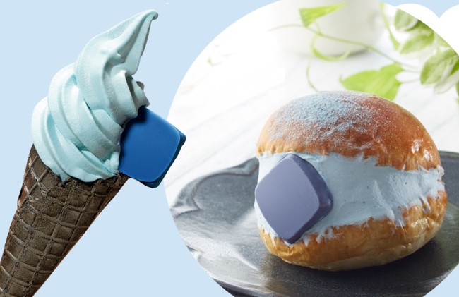 左：青チョコ ソフトクリーム、右：青チョコ マリトッツォ