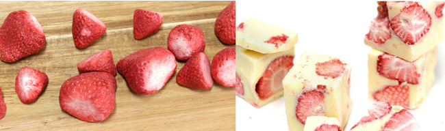 不揃いで出荷できないいちごをフリーズドライ化し、未利用で上質素材のホワイトチョコレートと合わせた。あえて形を活かし、メッセージ性のあるスイーツとして商品化。