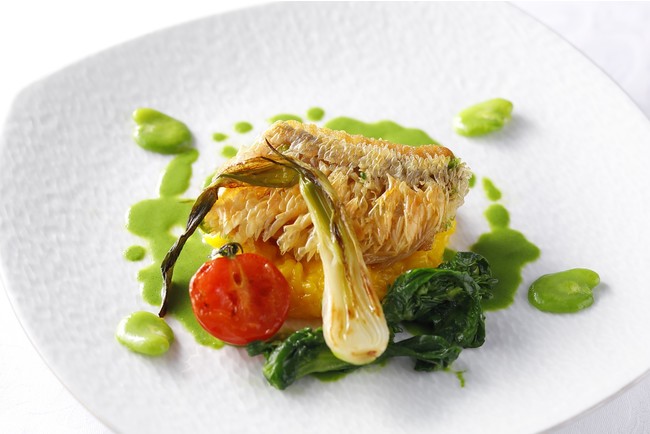 山口県産 甘鯛の松笠焼き　サフランリゾットとクレソンのソース