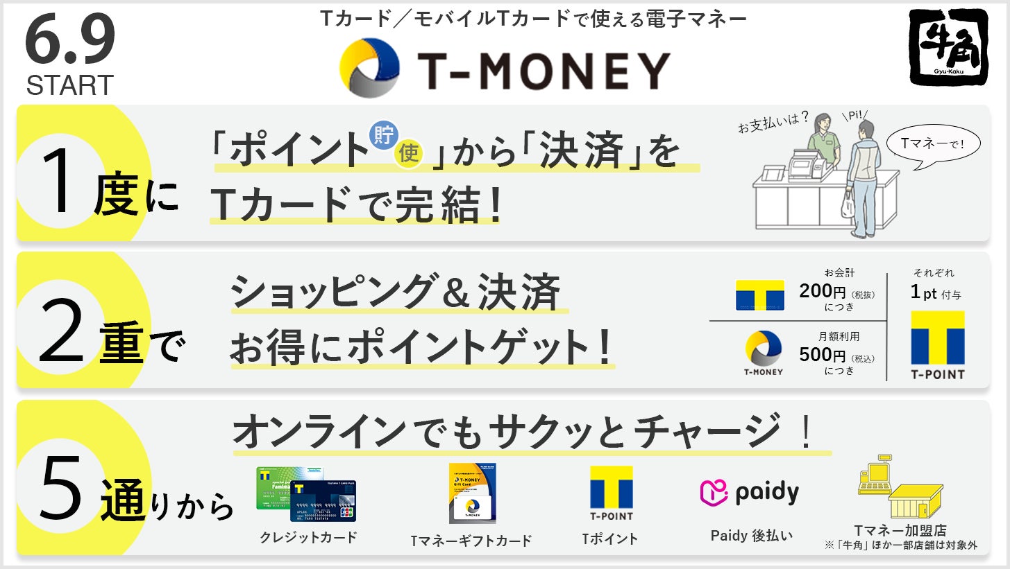 牛角にて電子マネー「T – MONEY」導入。ショッピングポイントと決済ポイントを二重取り。Tカード／モバイルTカードで “Tポイント付与” も “決済”も