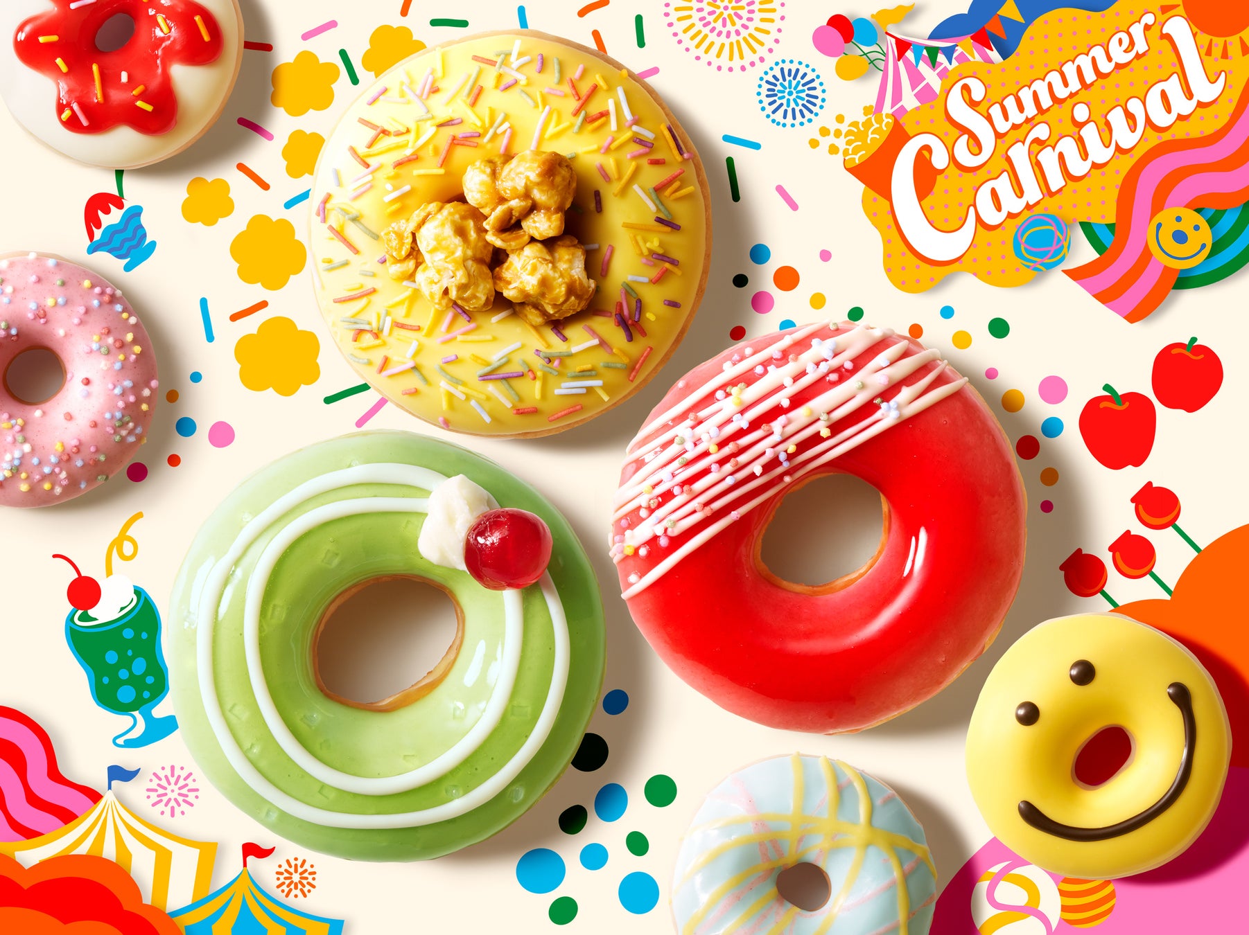 アップルキャンディー、ポップコーン、クリームソーダがドーナツになって登場　今年の暑い夏は“カーニバル”気分でポップに楽しもう！『Summer Carnival』