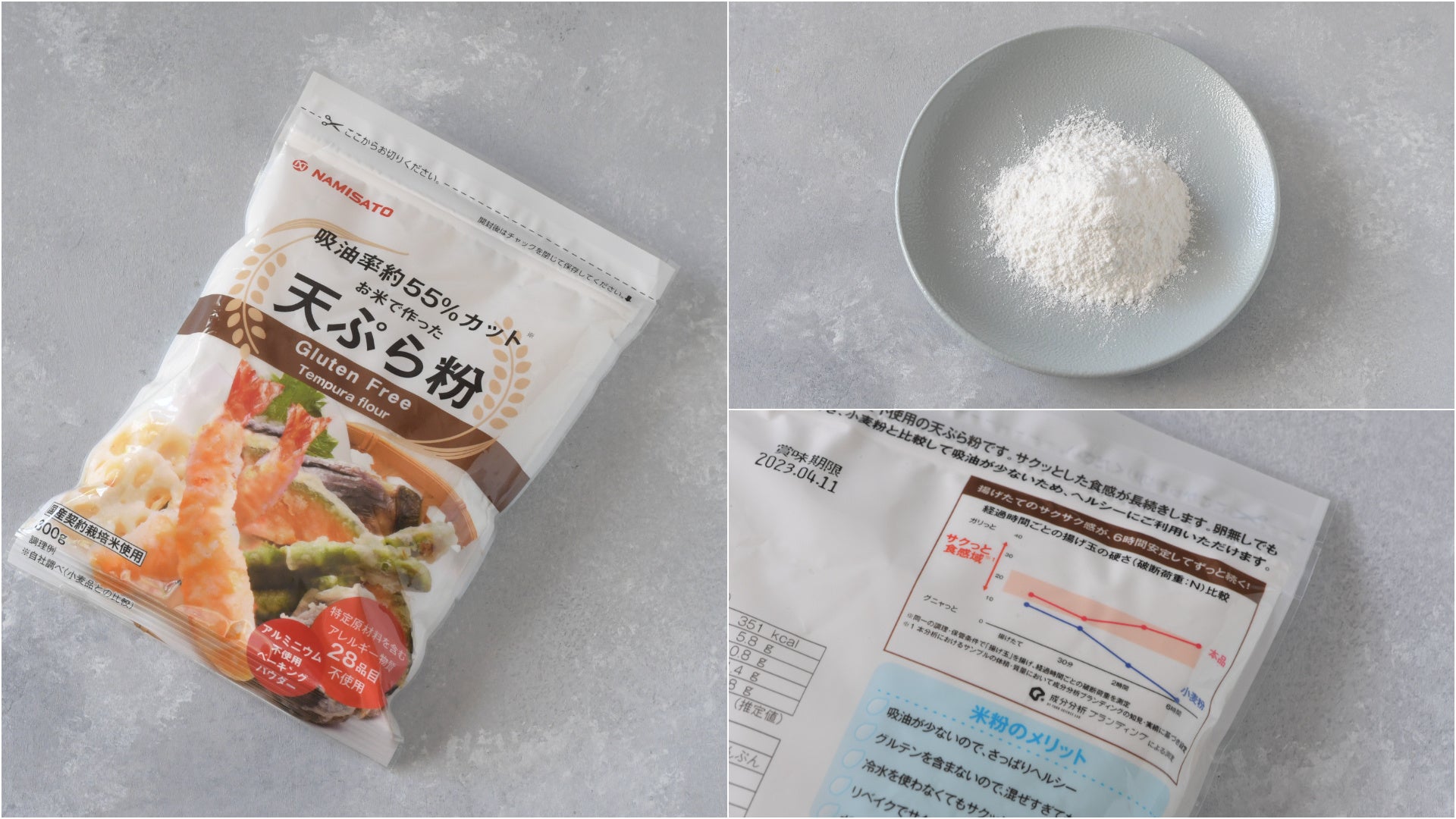 米粉の製造販売を手がける株式会社 波里の米粉で作った天ぷらは一般的な小麦粉で作った天ぷらと比較してサクサク感が43.53〜44.77倍であることを証明