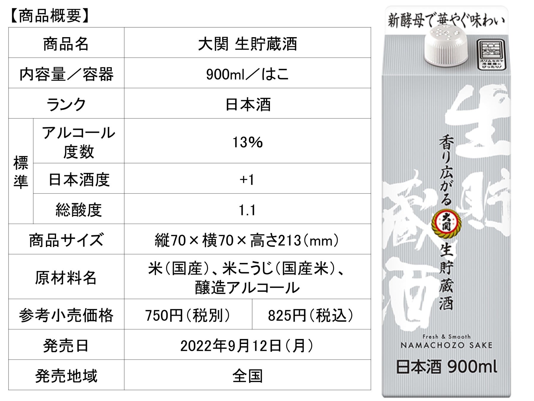 爽やかな香りと清涼感ある味わいが楽しめる「大関 生貯蔵酒900mlはこ詰」9月12日（月）新発売