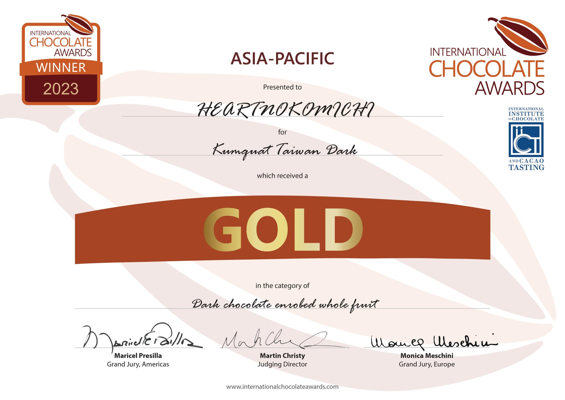 チョコレートの国際品評会　International Chocolate Awards 2023アジア大会 初出場で金２、銀２、銅２、特別賞２、6品で計8個受賞！