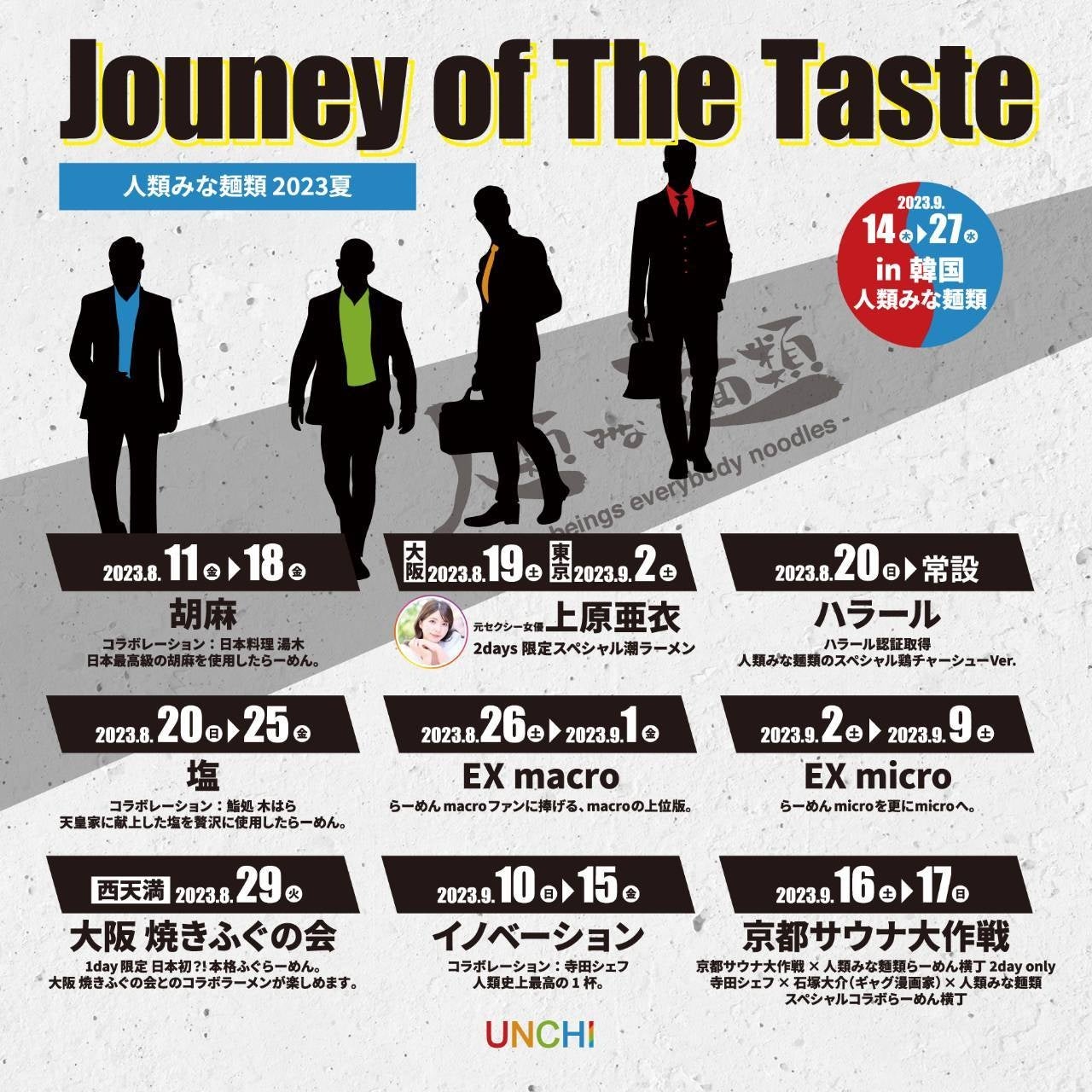 UNCHI株式会社が運営する大阪行列No.1ラーメン店「人類みな麺類（大阪・西中島）」が、8月11日(金)から「塩」や「胡麻」など毎週味をかえてラーメンを提供するイベントを開催！