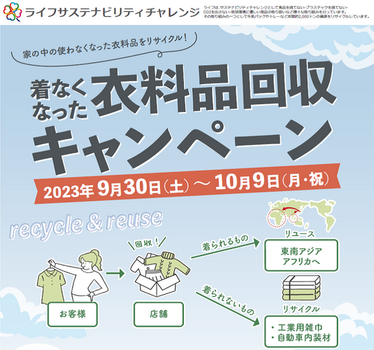 使わなくなった衣料品をリサイクル！9/30（土）～10/9（月）まで、近畿圏3店舗でライフ初の「衣料品回収キャンペーン」を実施！