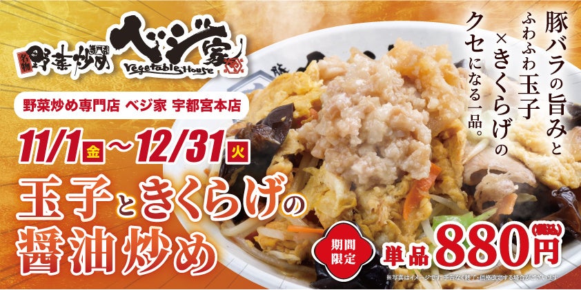 【野菜炒め専門店ベジ家】にんにく背脂が決め手！『玉子ときくらげの醤油炒め』を11月12月の期間限定で販売します！