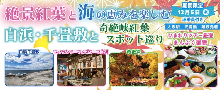 年末大感謝祭！！ポイントカード2倍押しキャンペーン12月5日(木) 絶景紅葉と海の恵みを楽しむ白浜・千畳敷と奇絶峡紅葉スポット巡り。〈添乗員付き〉日帰りバスツアーお一人様9,800円！