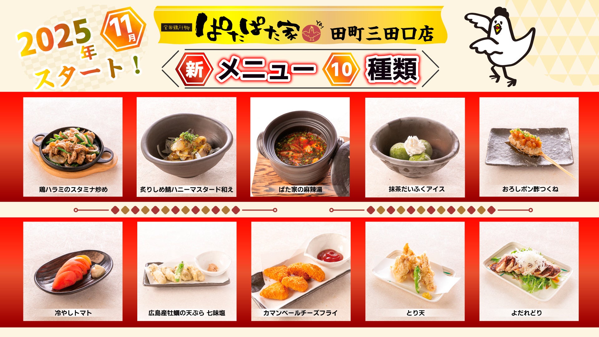 「全国鶏行脚 ぱたぱた家」田町三田口店・麻辣湯など10種類の新メニューを加えました