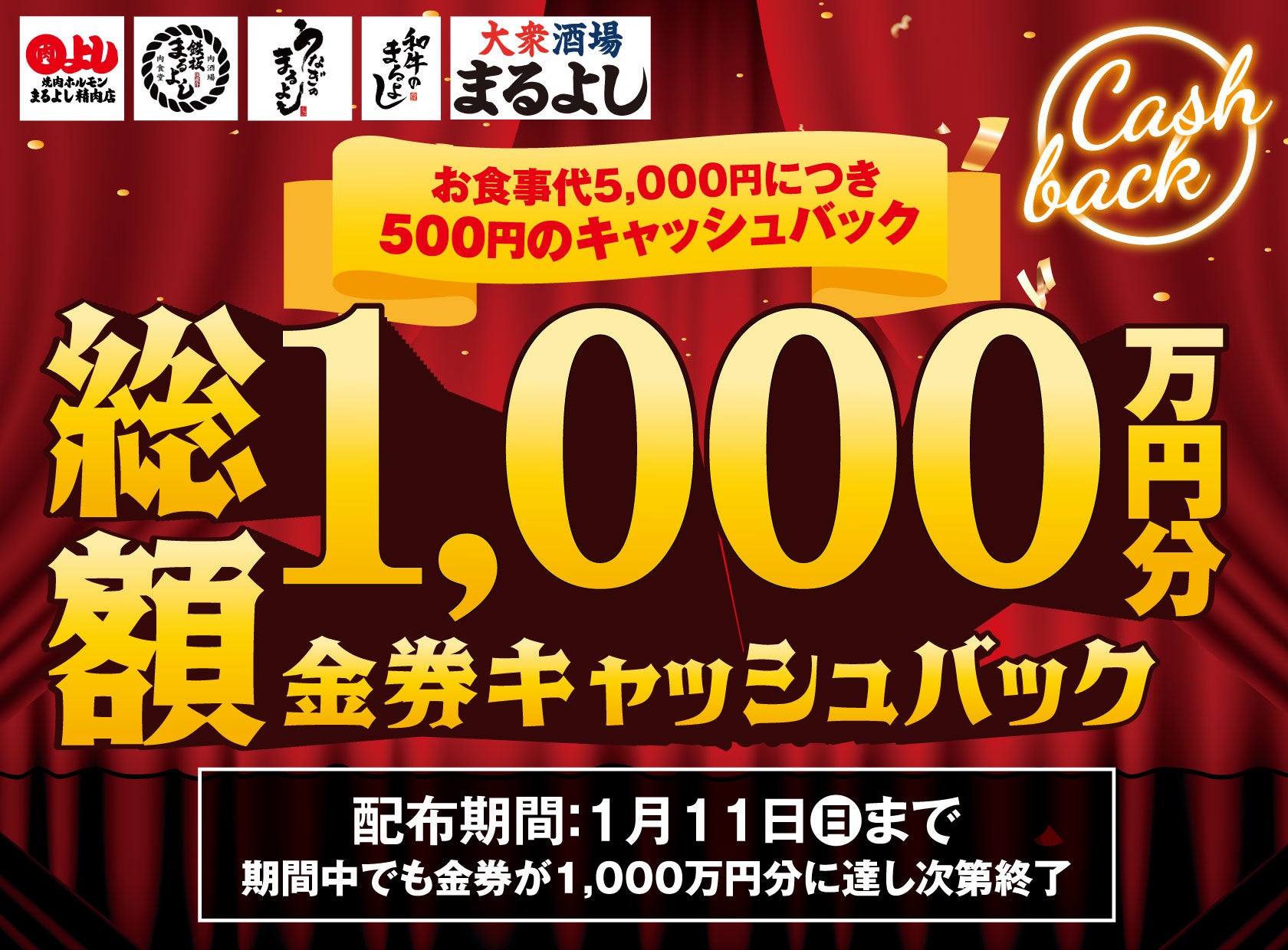 【総額1,000万円！】年末年始の金券キャッシュバックキャンペーン！｜まるよしグループ全16店舗で期間限定開催！｜2025年12月12日(金)〜2026年1月11日(日)