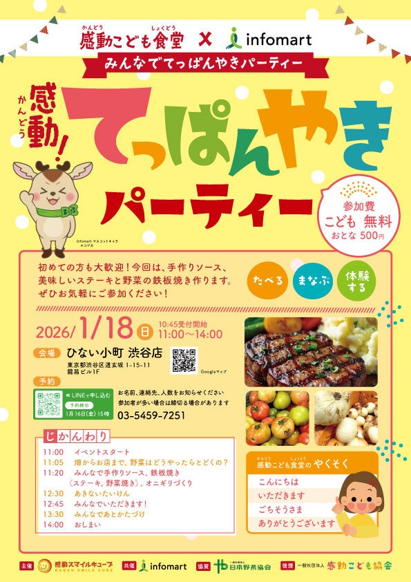 こどもたちで『感動！てっぱんやきパーティー』2026年1月18日 感動こども食堂「ひない小町 渋谷店」にて開催