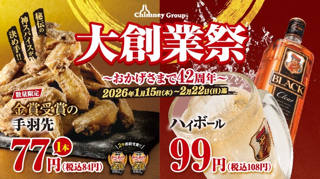【チムニーグループ大創業祭】からあげGP金賞受賞の手羽先“77円”！ハイボール“99円”！42周年の感謝を込めて、人気メニューを大胆プライスでご提供