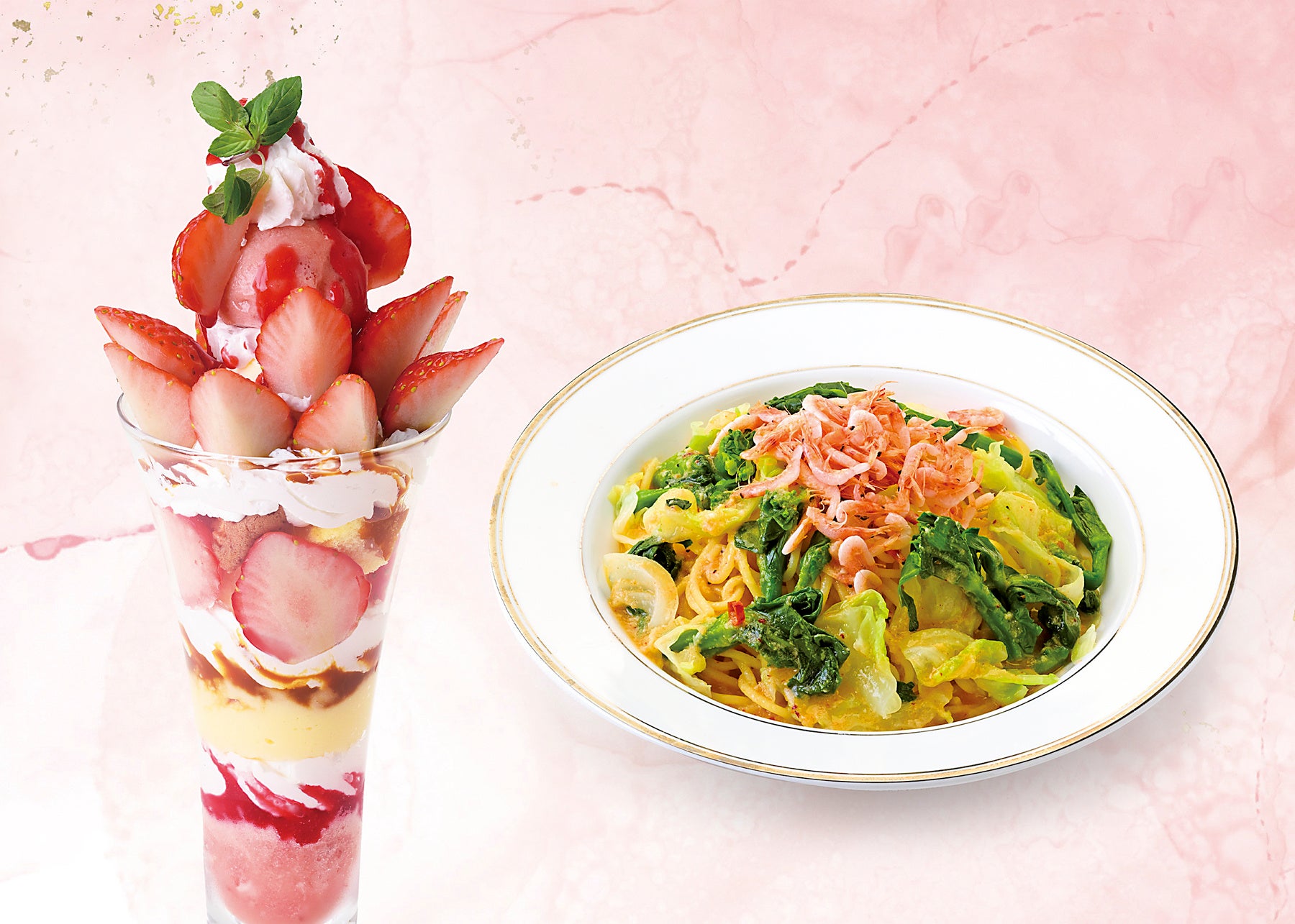 【銀座コージーコーナー】苺づくしの春パフェ＆ワッフルサンド、春野菜を楽しむパスタ2品の提供を開始