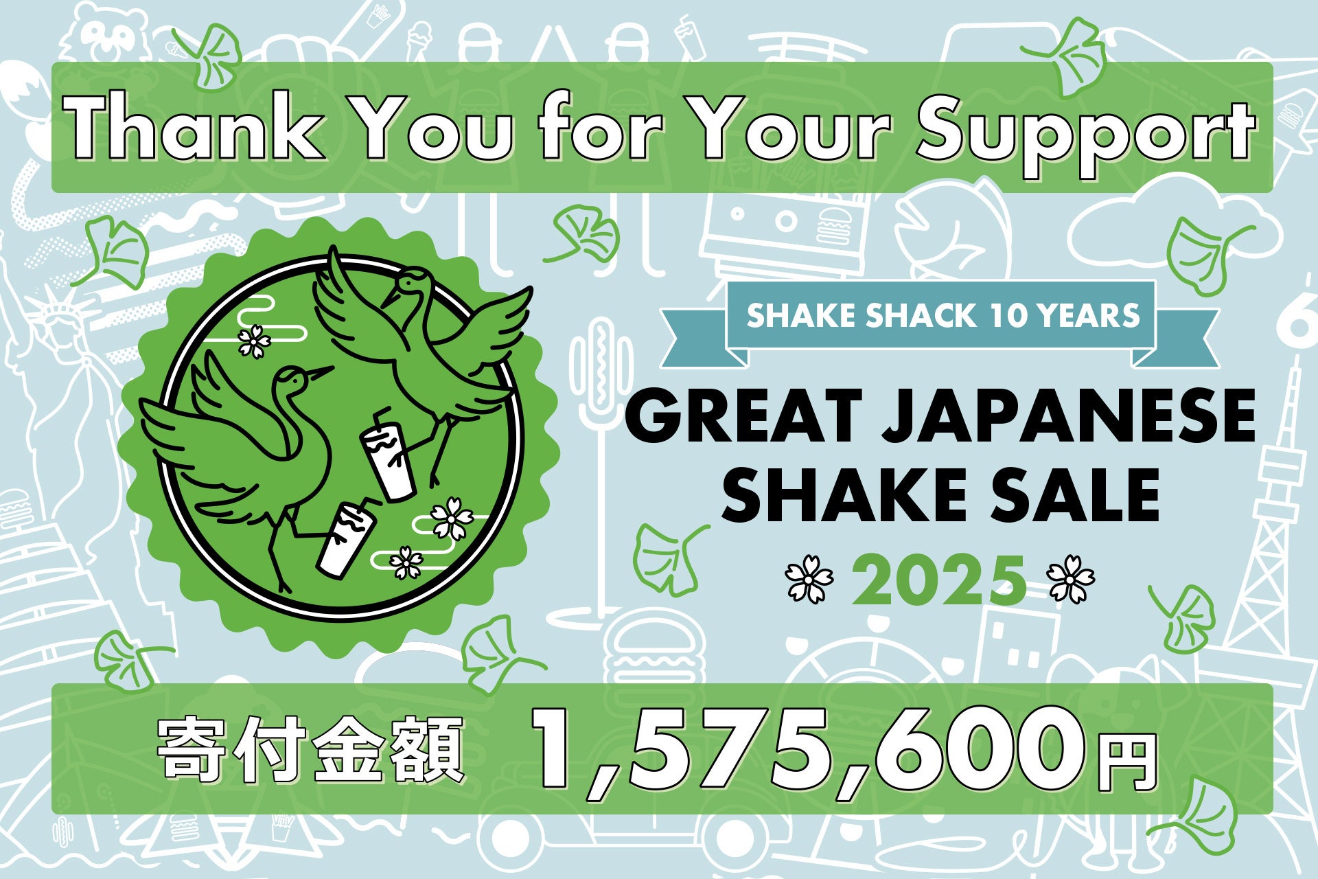 【Shake Shack】日本上陸10周年を記念し開催したチャリティ企画「Great Japanese Shake Sale」1,575,600円をハタチ基金に寄付