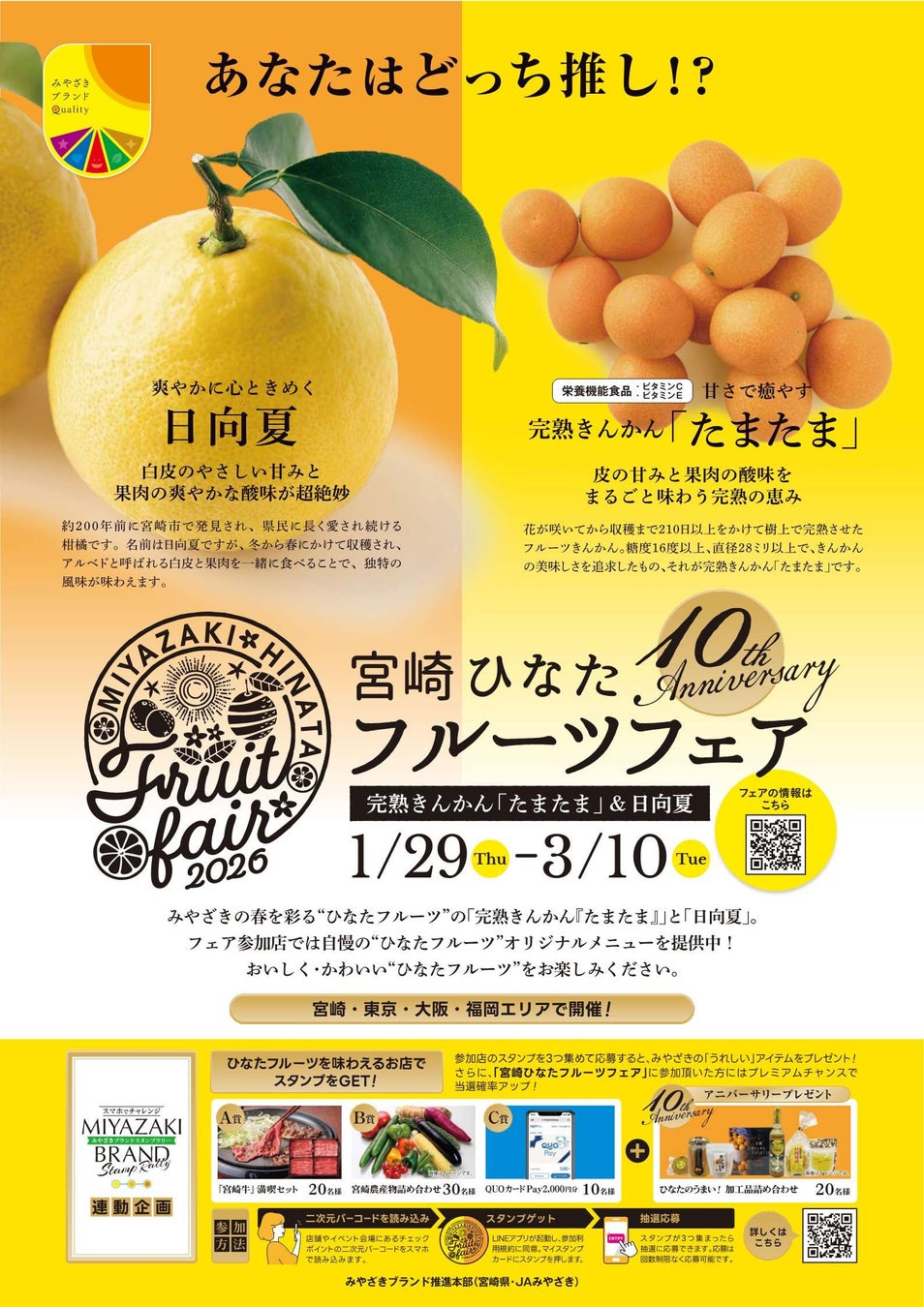 宮崎県が誇るブランド“完熟きんかん「たまたま」”＆“日向夏”！！今年も東京・大阪・福岡・宮崎エリアの飲食店でオリジナルメニューが楽しめる「宮崎ひなたフルーツフェア２０２６」を開催中！！