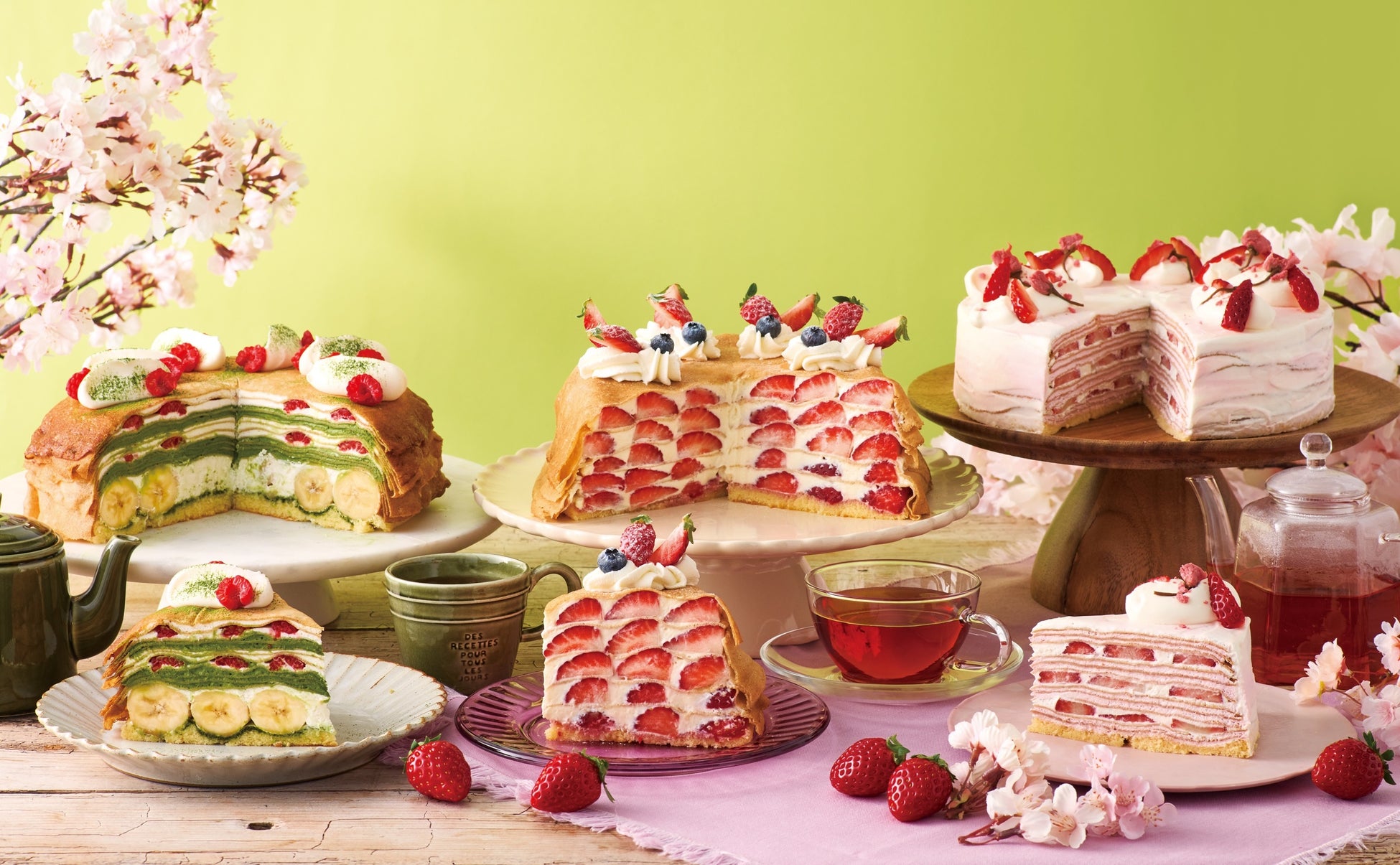 【Afternoon Tea LOVE&TABLE】さくら、抹茶、苺など、春のミルクレープ発売！新作の「抹茶マスカルポーネとバナナのミルクレープ」や、“あまおう苺”の5層仕立てミルクレープなど