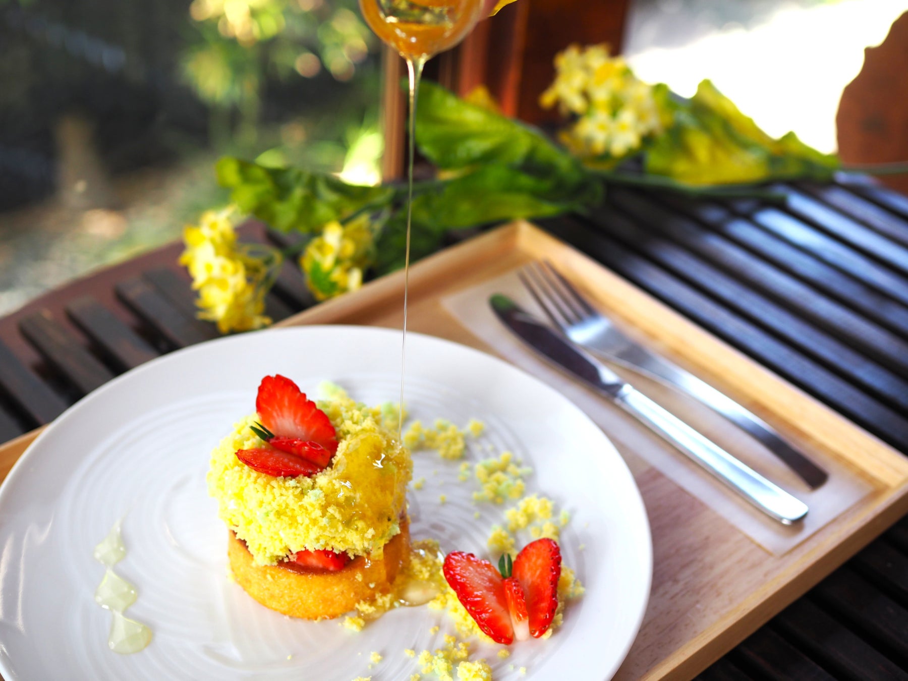 幻の菜の花はちみつ使用、老舗と養蜂家が共創する春限定『ちょうちょ舞う菜の花畑のケーキ』誕生