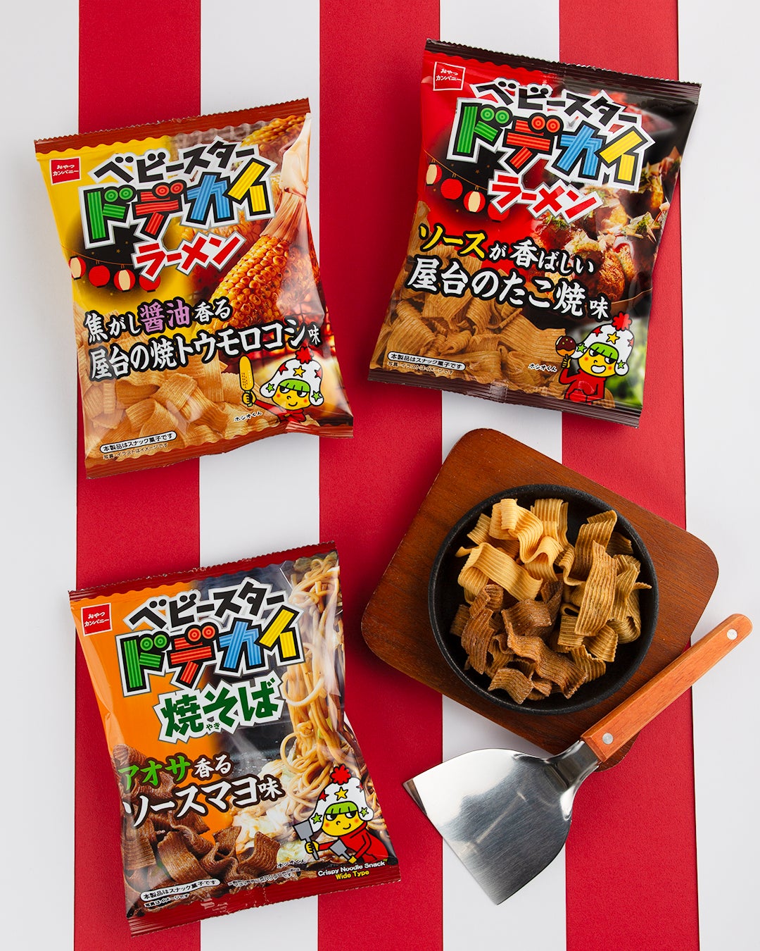 香ばしい屋台の味がベビースターに！焦がし醤油香る＜焼トウモロコシ味＞とソースが香ばしい＜たこ焼味＞ の2つのフレーバーが新登場！