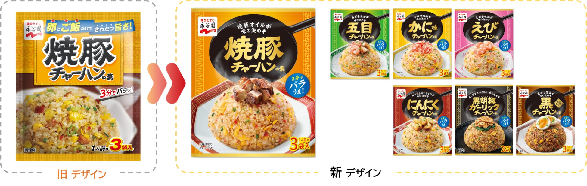 「味が決まる！」とご愛顧いただき約40年「チャーハンの素」シリーズ　おいしさの表現を追求しデザイン一新！