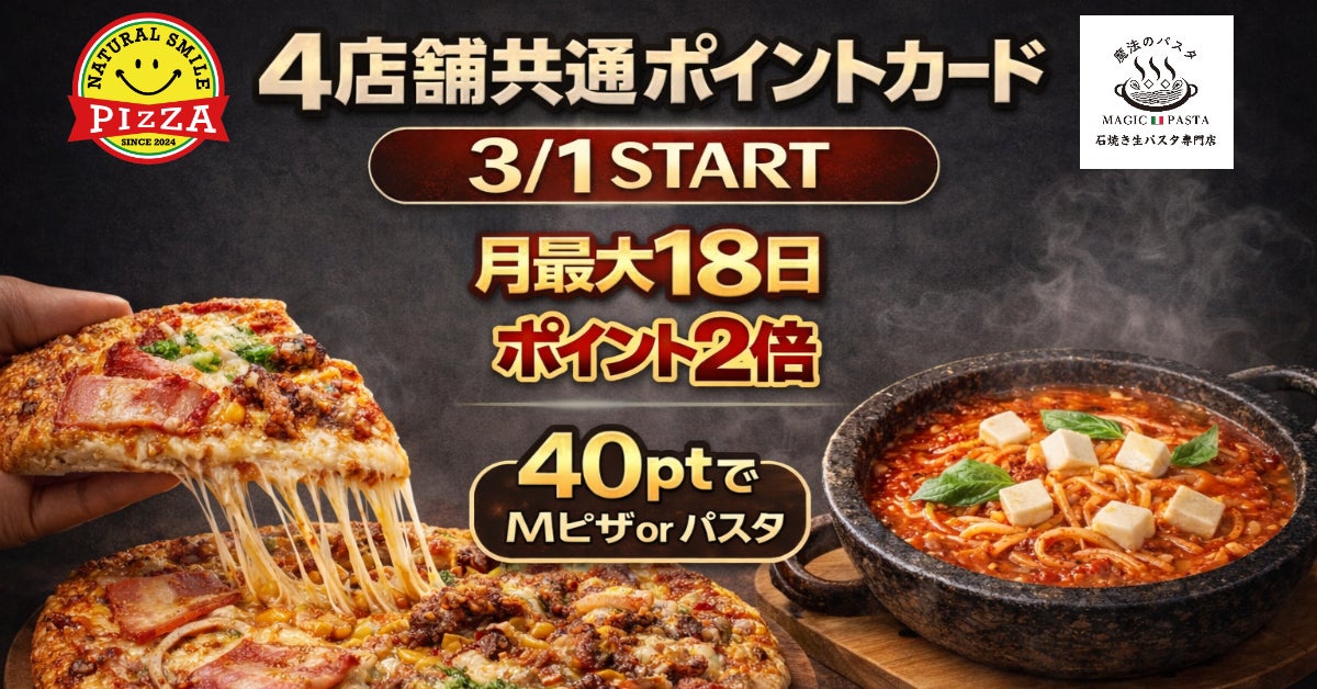 鹿児島発・自社ブランドの「ピザテイクアウト専門店」ナチュラルスマイルピザと、滋賀本部「魔法のパスタ」FC店が共通ポイントカードを開始