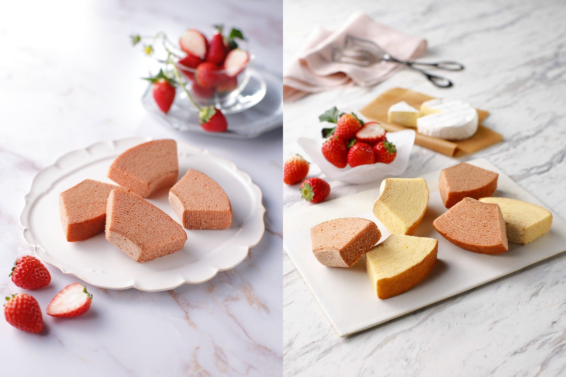 【チーズガーデン】チーズと苺の美味しさを重ねた“ピンク色のチーズバウム”が今年も登場『ストロベリーチーズバウム（カット）』『チーズバウムアソート（プレーン＆ストロベリー）』