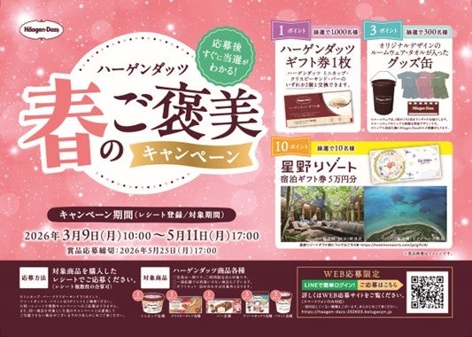 星野リゾート宿泊ギフト券やオリジナルグッズなど、豪華賞品が1,310名様に当たる！　「ハーゲンダッツ 春のご褒美キャンペーン」　3月9日（月）から5月11日（月）まで実施
