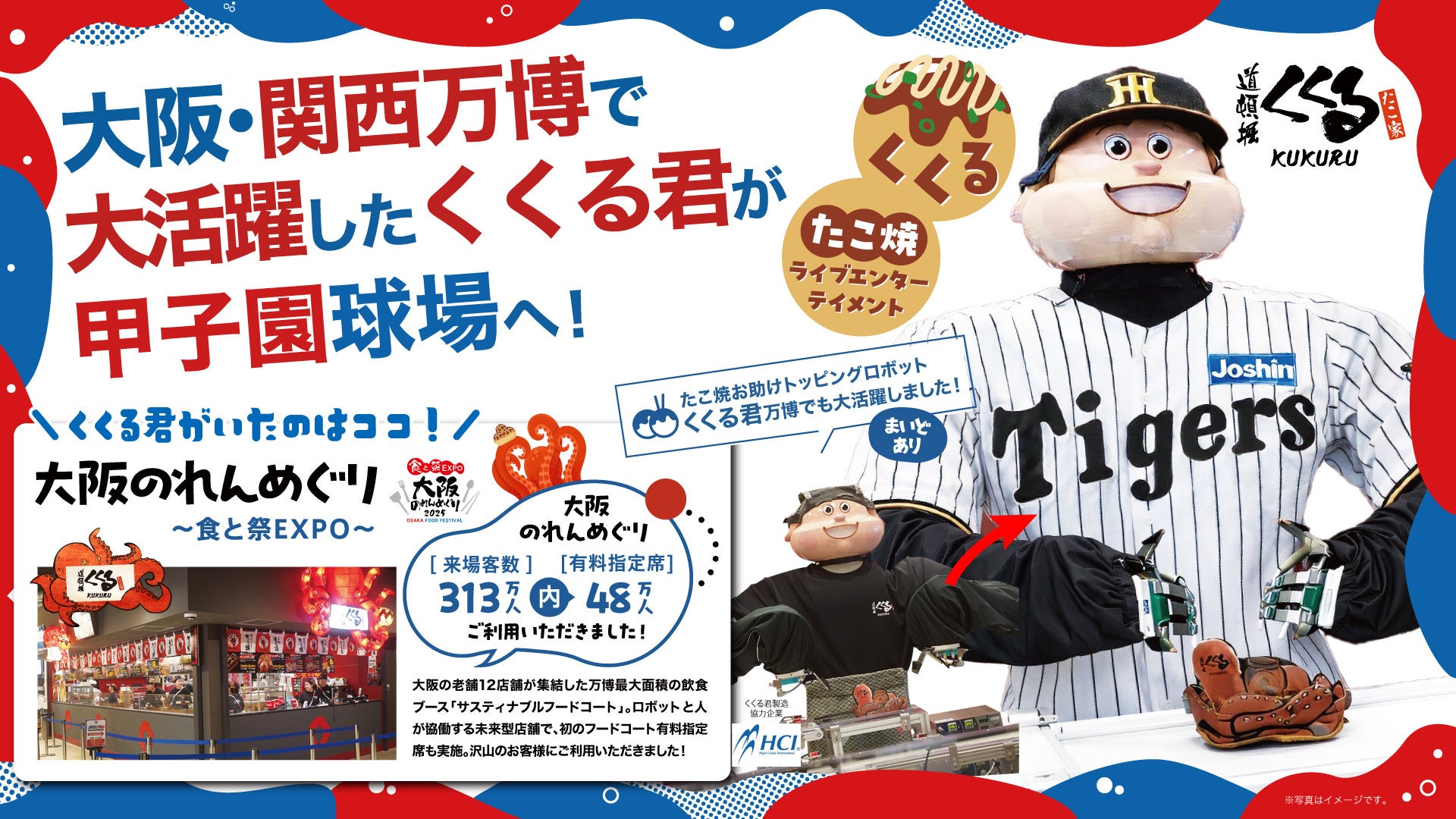 万博で期間中313万人が来場したサステナブルフードコート「大阪のれんめぐり～食と祭EXPO～」で大人気だったたこ焼きお助けトッピングロボット「くくる君」3月6日阪神甲子園球場に常設導入