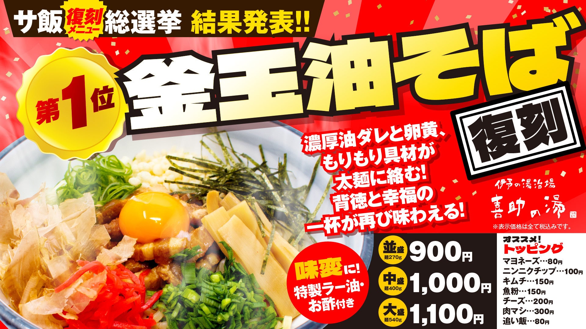「Re:サ飯2025 人気投票」結果発表。第1位は「釜玉 油そば」 4月1日より復刻販売開始【愛媛県・喜助の湯】