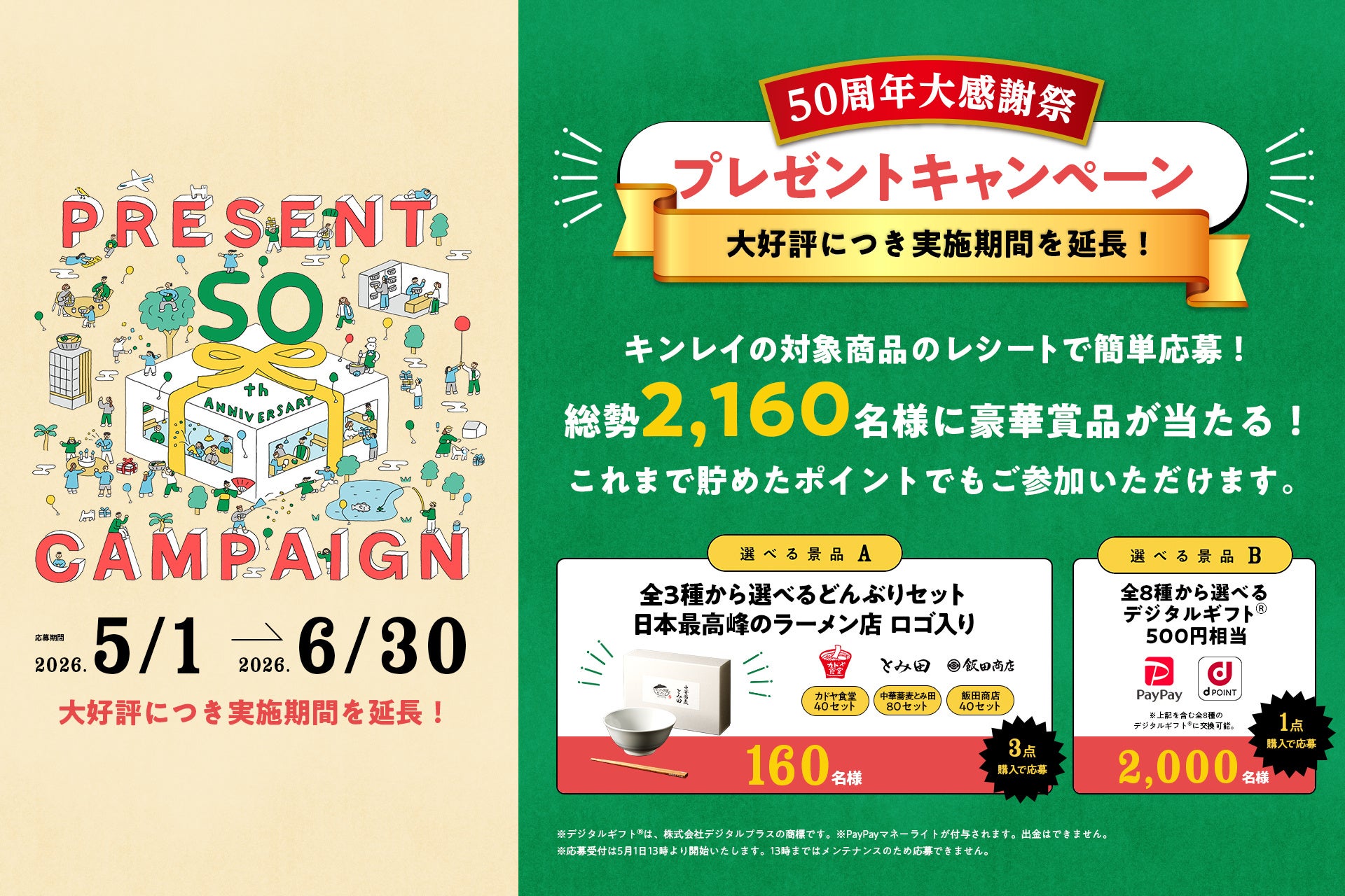 大好評につきキャンペーン期間を延長！キンレイ『50周年大感謝祭』新商品を含む対象商品の購入レシートでポイントを貯めて、総勢2,160名に豪華賞品が当たる！