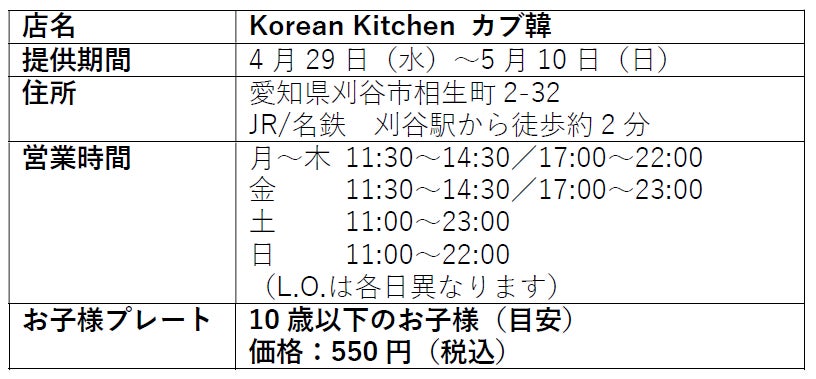 【GW限定】愛知・刈谷「korean kitchen カブ韓」に辛さ控えめのお子様プレート登場〜家族で楽しむ“やさしいごはん時間”を提案〜