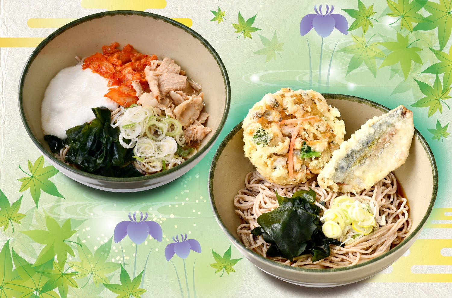 初夏にぴったりな、さっぱり魚介系＆ガツンと豚キムチ！５月限定商品「あさりのミニかき揚げ天とメアジ天」、「豚キムチとろろそば」を５月１日（金）１０時から発売