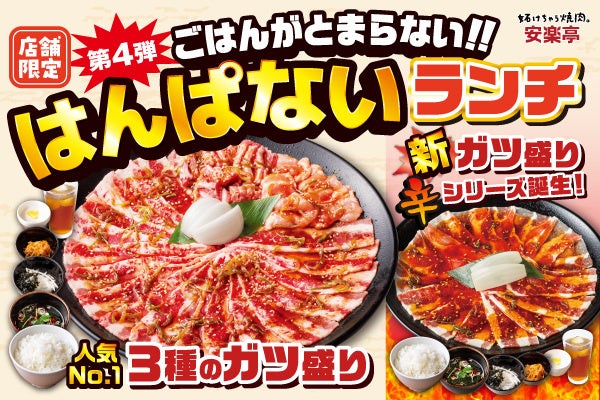 【安楽亭店舗限定メニュー】大人気のはんぱないランチがリニューアル！新しく『旨辛ガツ盛・激辛ガツ盛』と、『国産牛ガツ盛』が販売開始！
