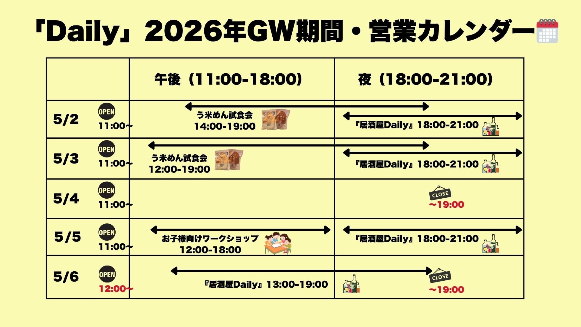 【オープン5周年記念・イベント開催】GW期間中、大井町にある店頭で「う米めん」の試食会と5周年記念セットを販売。『居酒屋Daily』として立ち飲みBarを期間限定オープン。