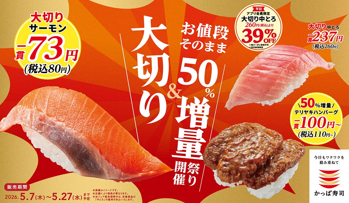 今だけ！『大切りサーモン』が税込80円！「大切り＆お値段そのまま５０％増量祭り」開催！さらに、かっぱ寿司アプリ会員限定で『大切り中とろ』が３９％ＯＦＦになるクーポンも配信！